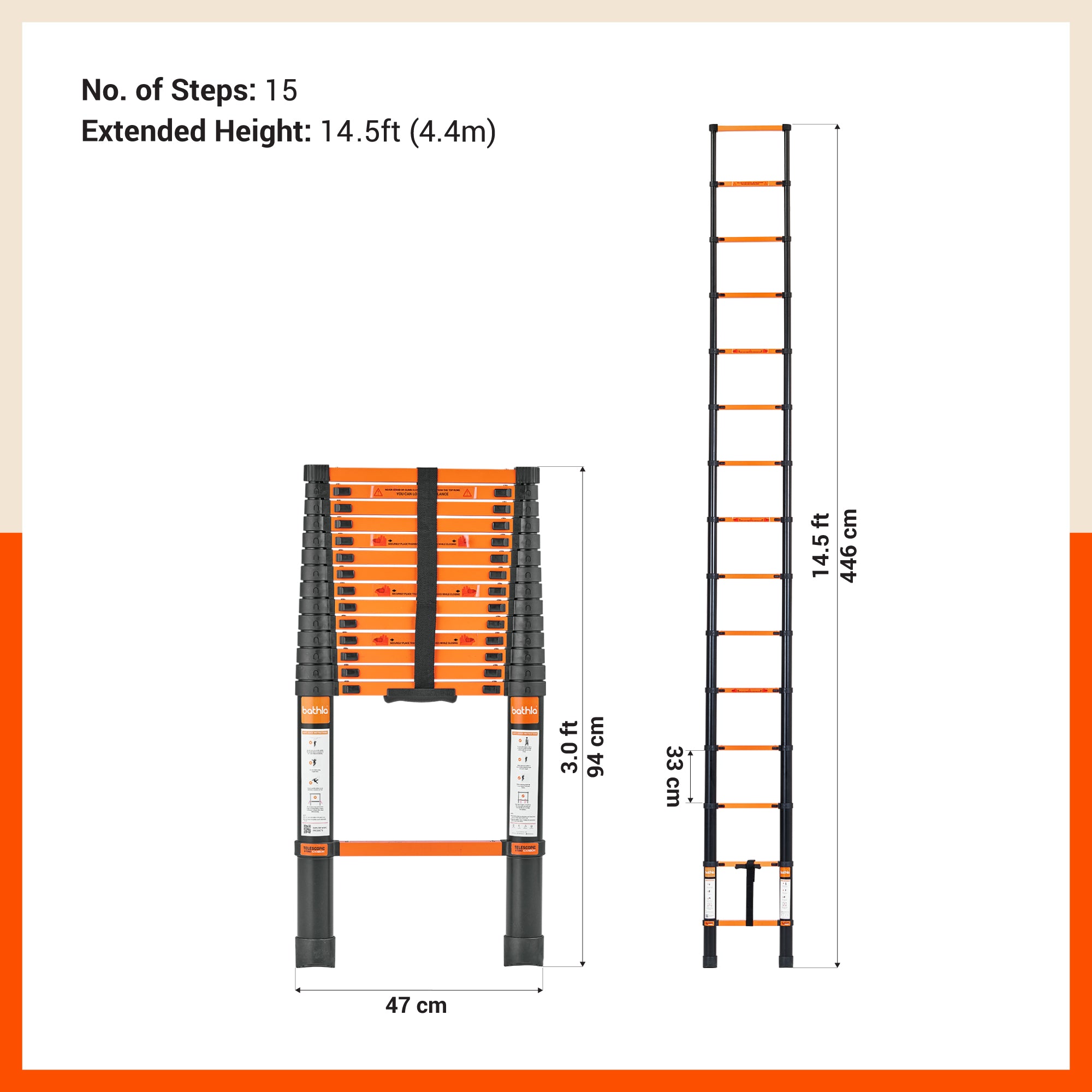 Bathla 14.5 ft Steel Telescopic Ladder | Portable & Compact | Foldable Multipurpose Step Ladder for Home & Outdoor use
