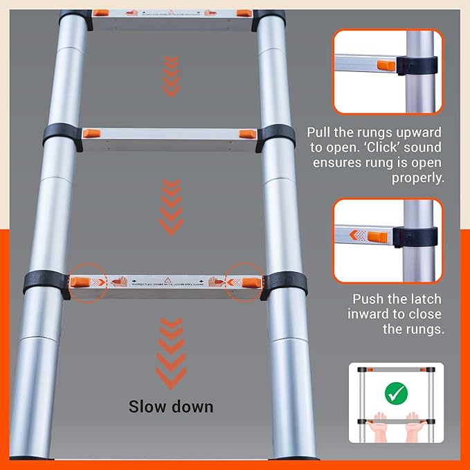 Telescopic ladder with instructions on how to open and close the rungs on a gray background.