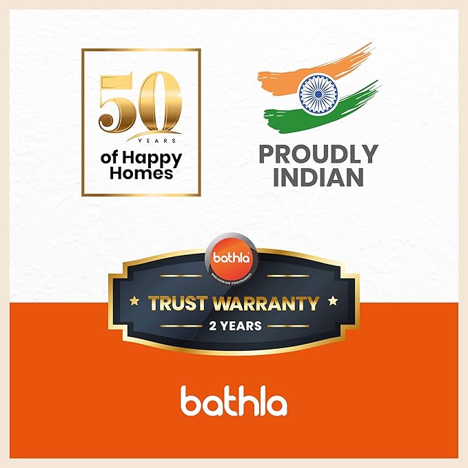 Promotional graphic with bathla branding, celebrating 50 years of happy homes and proudly Indian, featuring a trust warranty badge.
