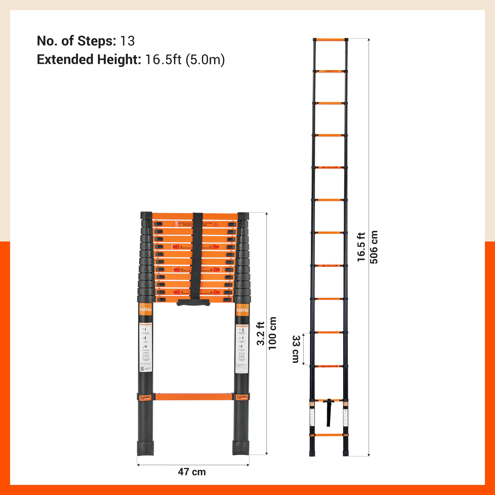Bathla 16.5 ft Steel Telescopic Ladder | Portable & Compact | Foldable Multipurpose Step Ladder for Home & Outdoor use