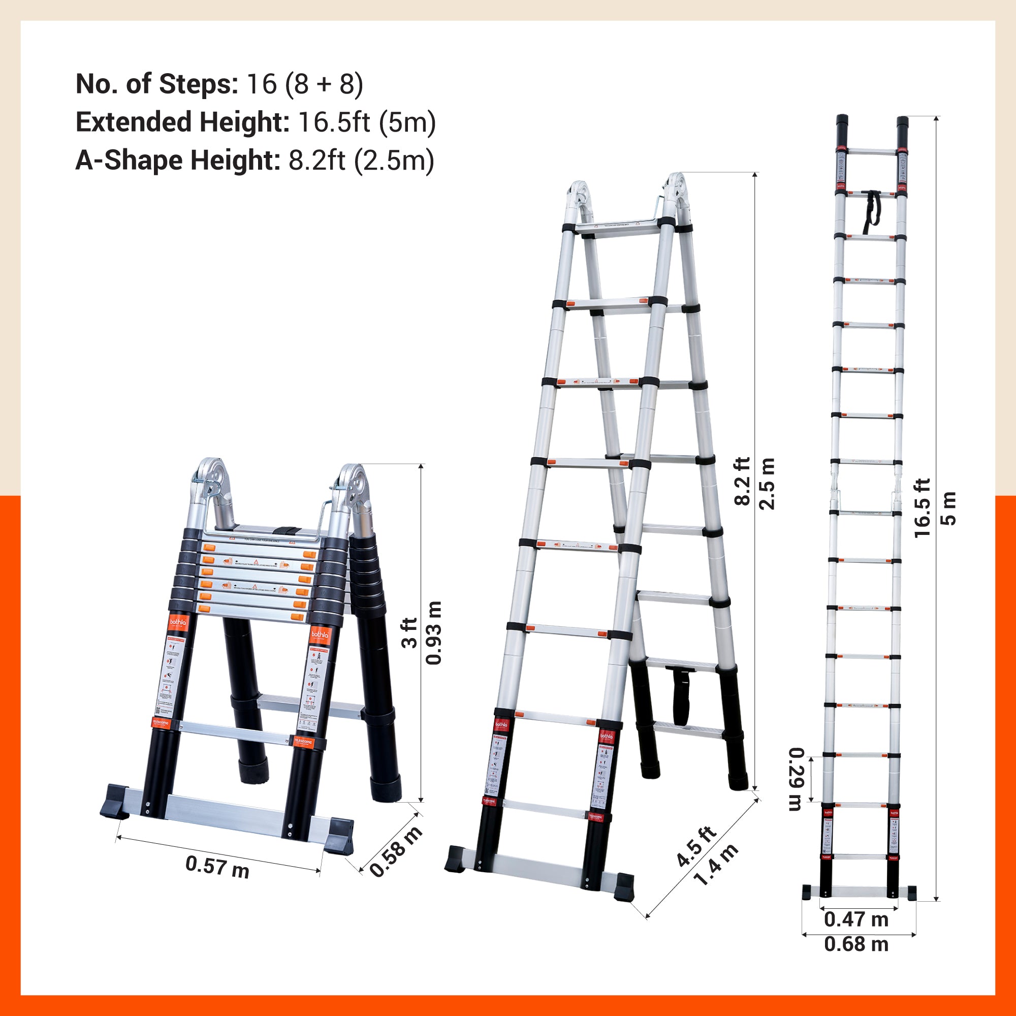 Bathla 16.5 ft A-Type Foldable Aluminium Telescopic Ladder | Portable & Compact | EN131 Certified with 2-Year Warranty | Multi-Purpose Ladder for Home, Industrial & Outdoor Use