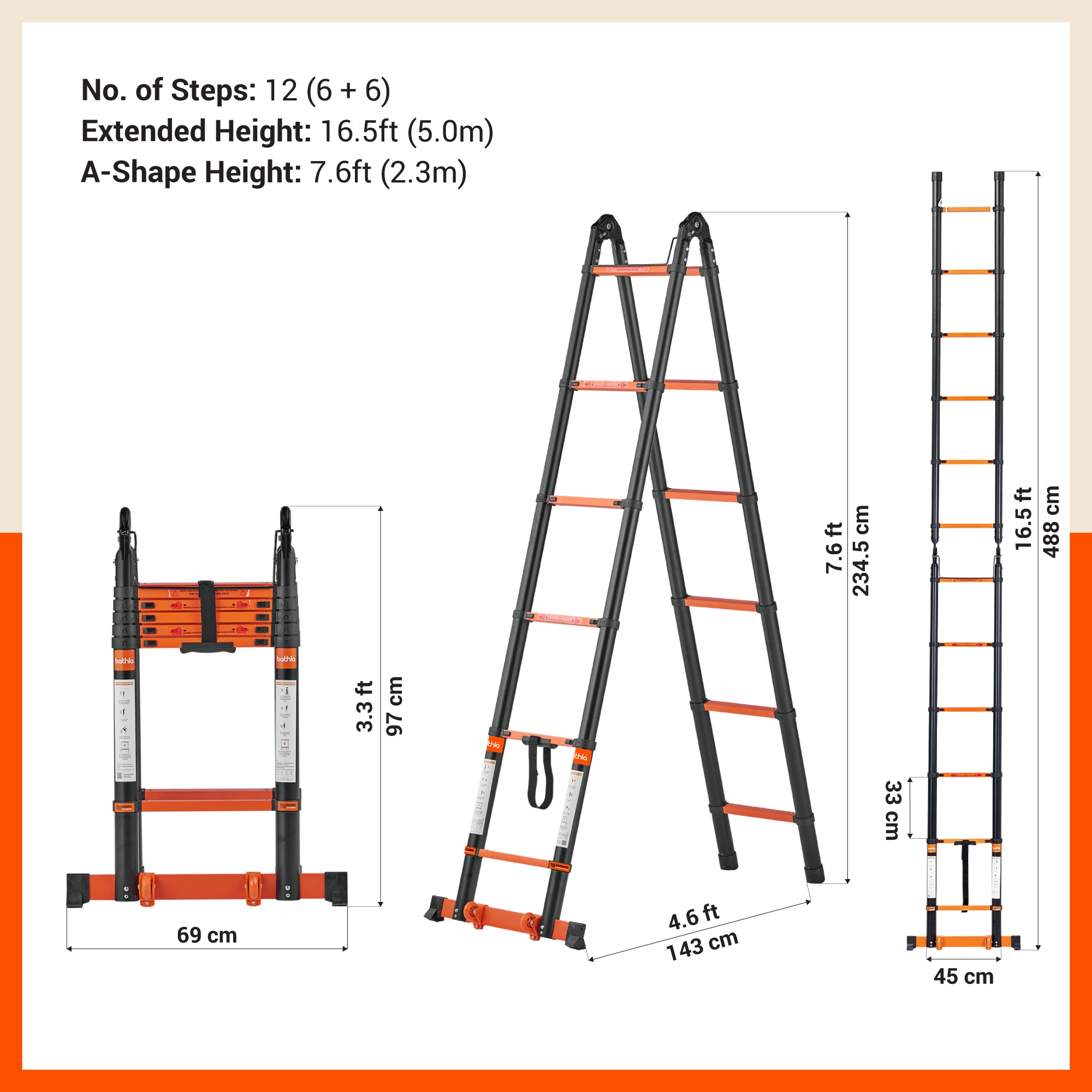Bathla 16.5 Ft A-Type Foldable Steel Telescopic Ladder with Support Wheels | Portable, Compact & Multipurpose Ladder for Home, Industrial and Outdoor Use