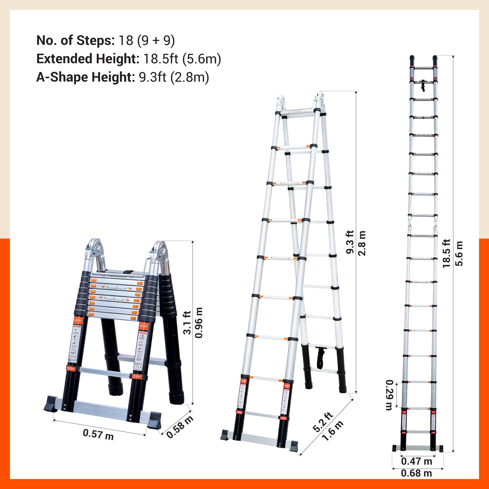 Bathla 18.5 ft A-Type Foldable Aluminium Telescopic Ladder | Portable & Compact | EN131 Certified with 2-Year Warranty | Multi-Purpose Ladder for Home, Industrial & Outdoor Use