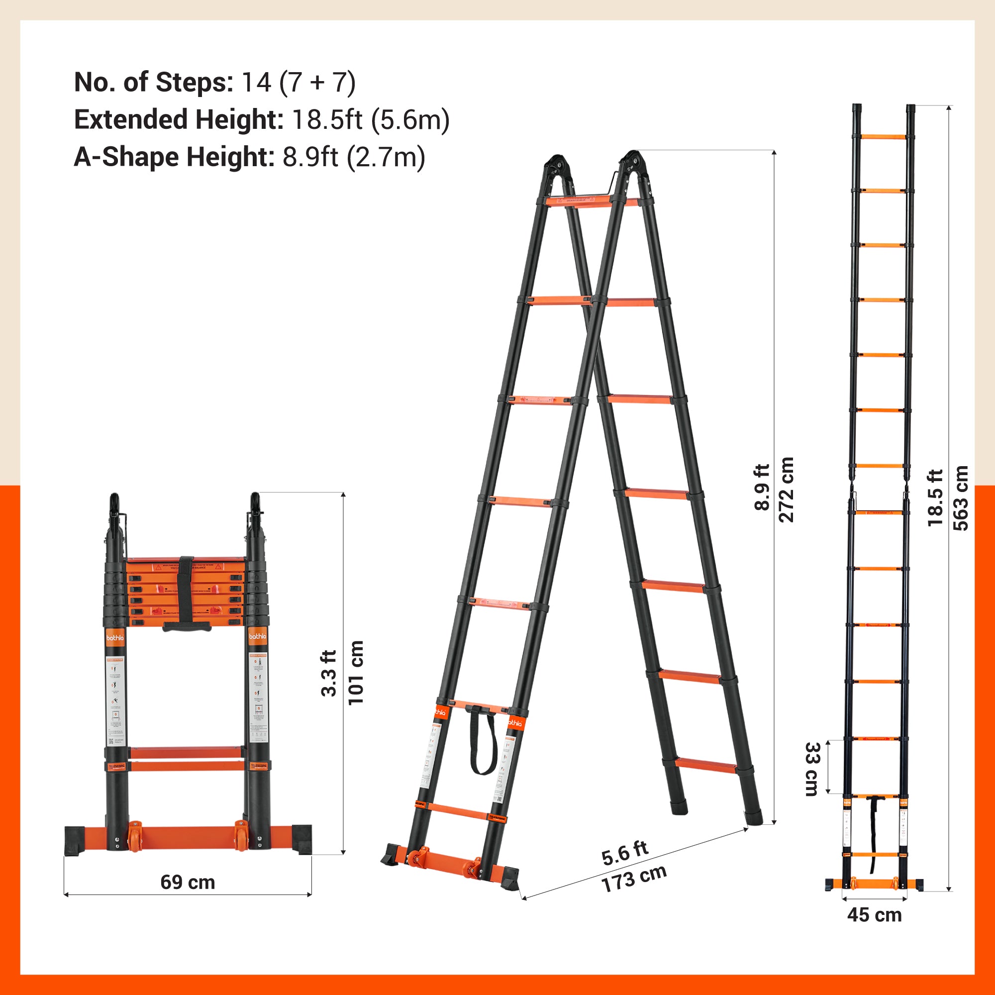 Bathla 18.5 Ft A-Type Foldable Steel Telescopic Ladder with Support Wheels | Portable, Compact & Multipurpose Ladder for Home, Industrial and Outdoor Use