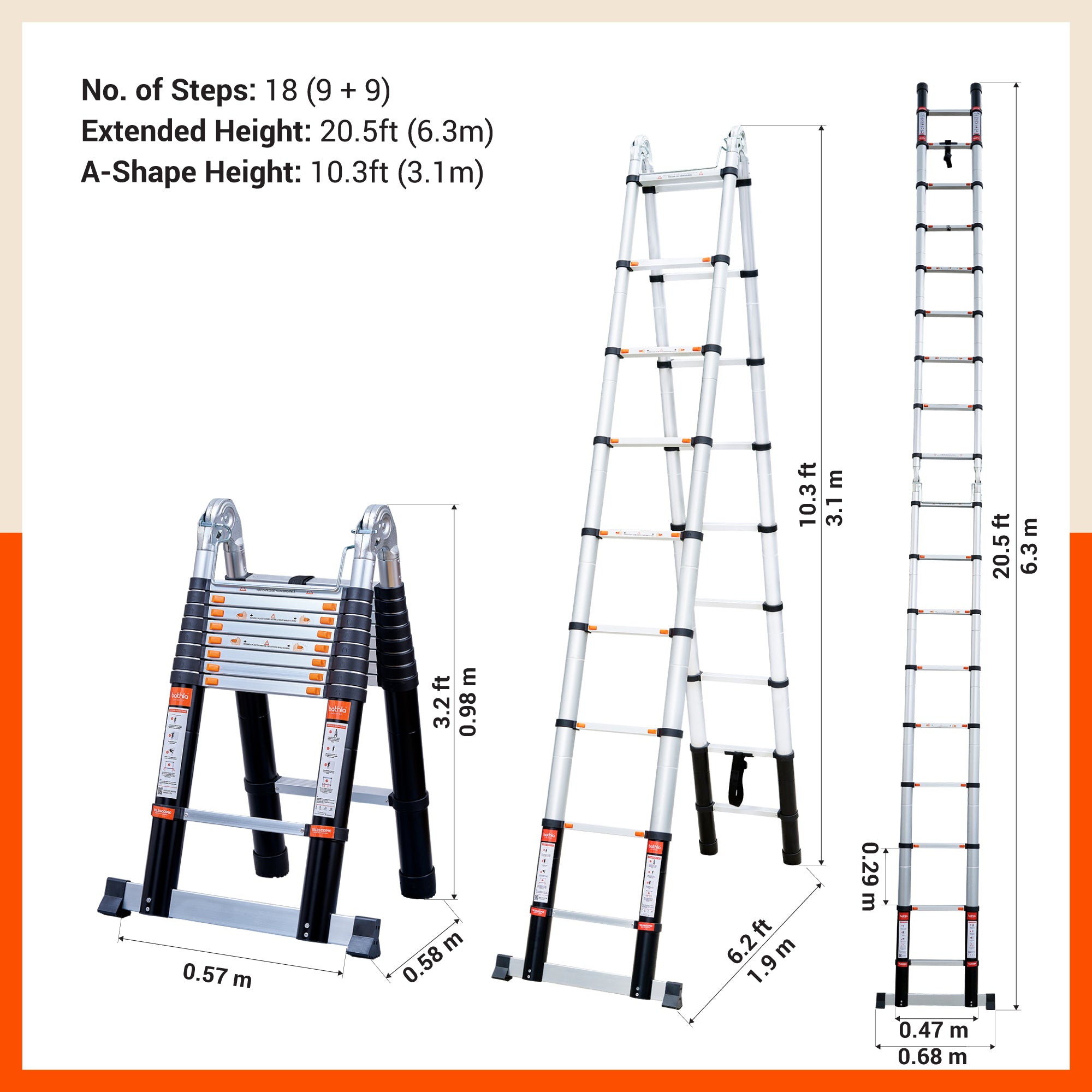 Bathla X-TEND 20.5 ft A-Type Foldable Aluminium Telescopic Ladder | Made in India (18 Step - 6.3 Mtr)