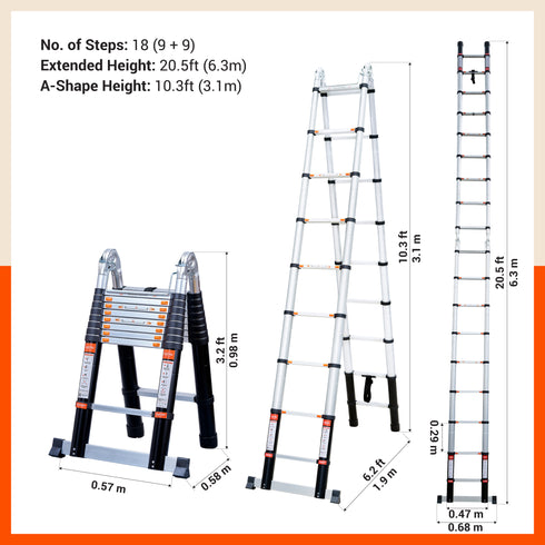 Bathla X-TEND 20.5 ft A-Type Foldable Aluminium Telescopic Ladder | Made in India (18 Step - 6.3 Mtr)