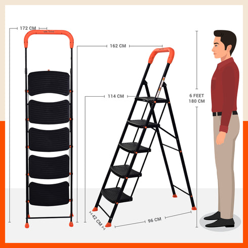 Bathla Ascend 5 Step Heavy Duty Steel Ladder for Home - Orange & Black