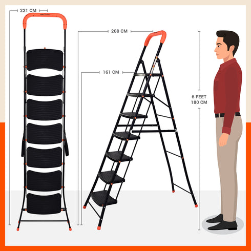 Bathla Ascend 7 Step Heavy Duty Steel Ladder for Home - Orange & Black