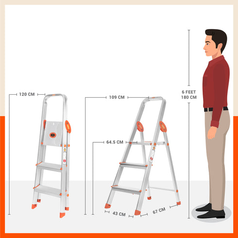Bathla Advance 3-Step Foldable Aluminium Ladder For Home (Orange)