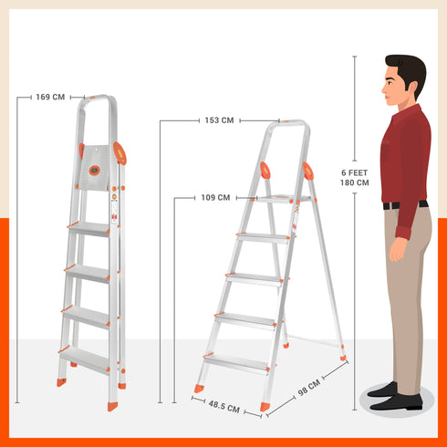 Bathla Advance 5-Step Foldable Aluminium Ladder For Home (Orange)