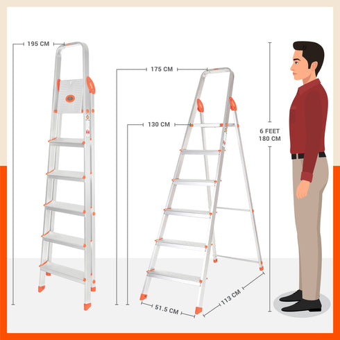 Bathla Advance 6-Step Foldable Aluminium Ladder For Home (Orange)