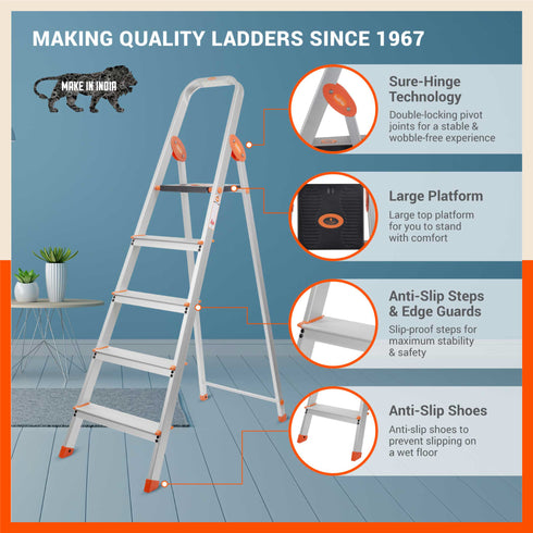 Bathla Advance Carbon - 5 Step Foldable Aluminium Ladder For Home (Orange)