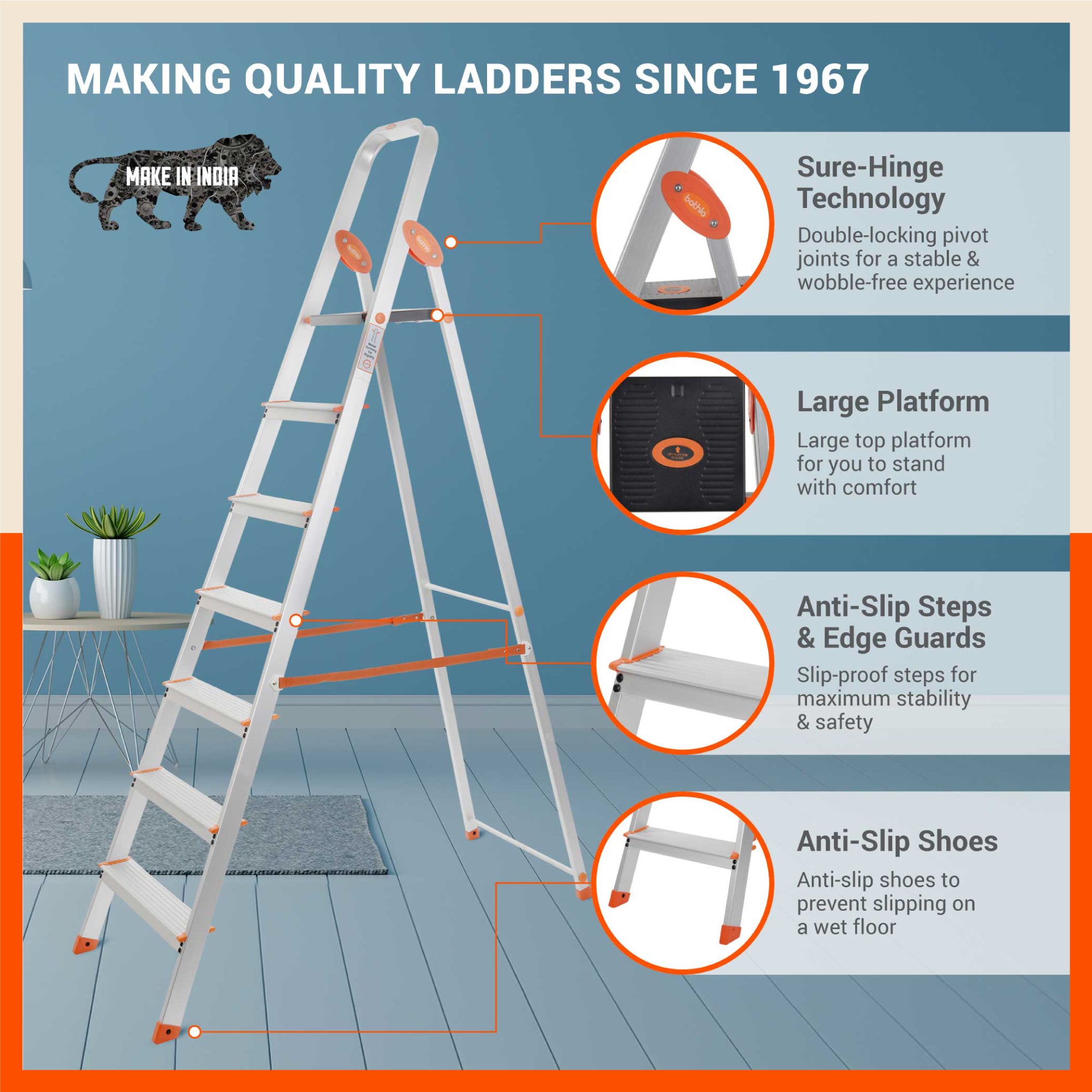 Bathla Advance Carbon - 7 Step Foldable Aluminium Ladder For Home (Orange)