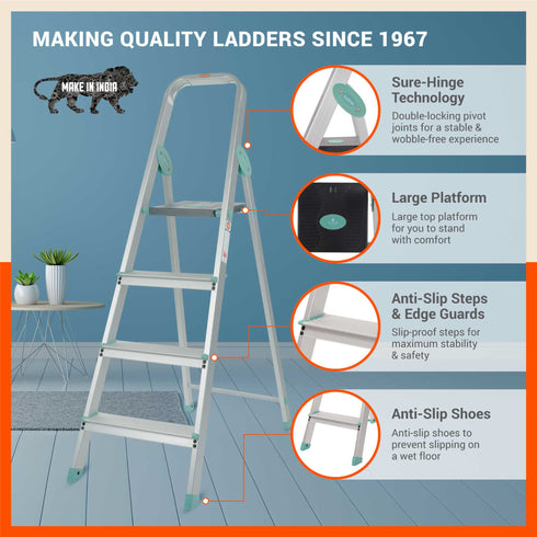 Bathla Advance Carbon - 4 Step Foldable Aluminium Ladder For Home (Teal)
