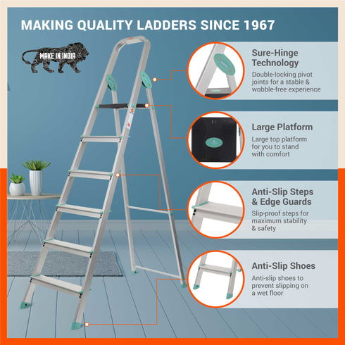 Bathla Advance Carbon - 6 Step Foldable Aluminium Ladder For Home (Teal)