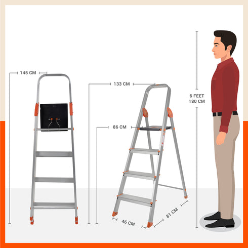 Bathla Advance Carbon - 5 Step Foldable Aluminium Ladder For Home (Orange)