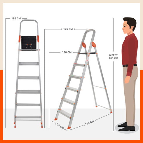 Bathla Advance Carbon - 6 Step Foldable Aluminium Ladder For Home (Orange)