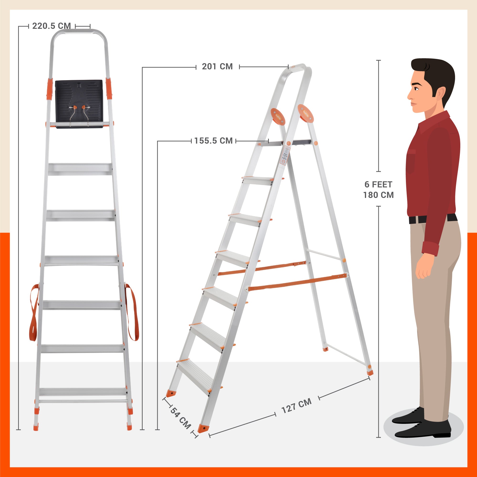Bathla Advance Carbon - 7 Step Foldable Aluminium Ladder For Home (Orange)