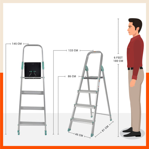 Bathla Advance Carbon - 4 Step Foldable Aluminium Ladder For Home (Teal)
