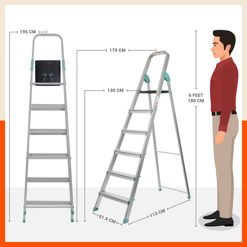 Bathla Advance Carbon - 6 Step Foldable Aluminium Ladder For Home (Teal)