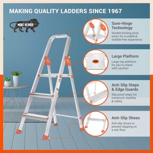 Bathla Advance 3-Step Foldable Aluminium Ladder For Home (Orange)