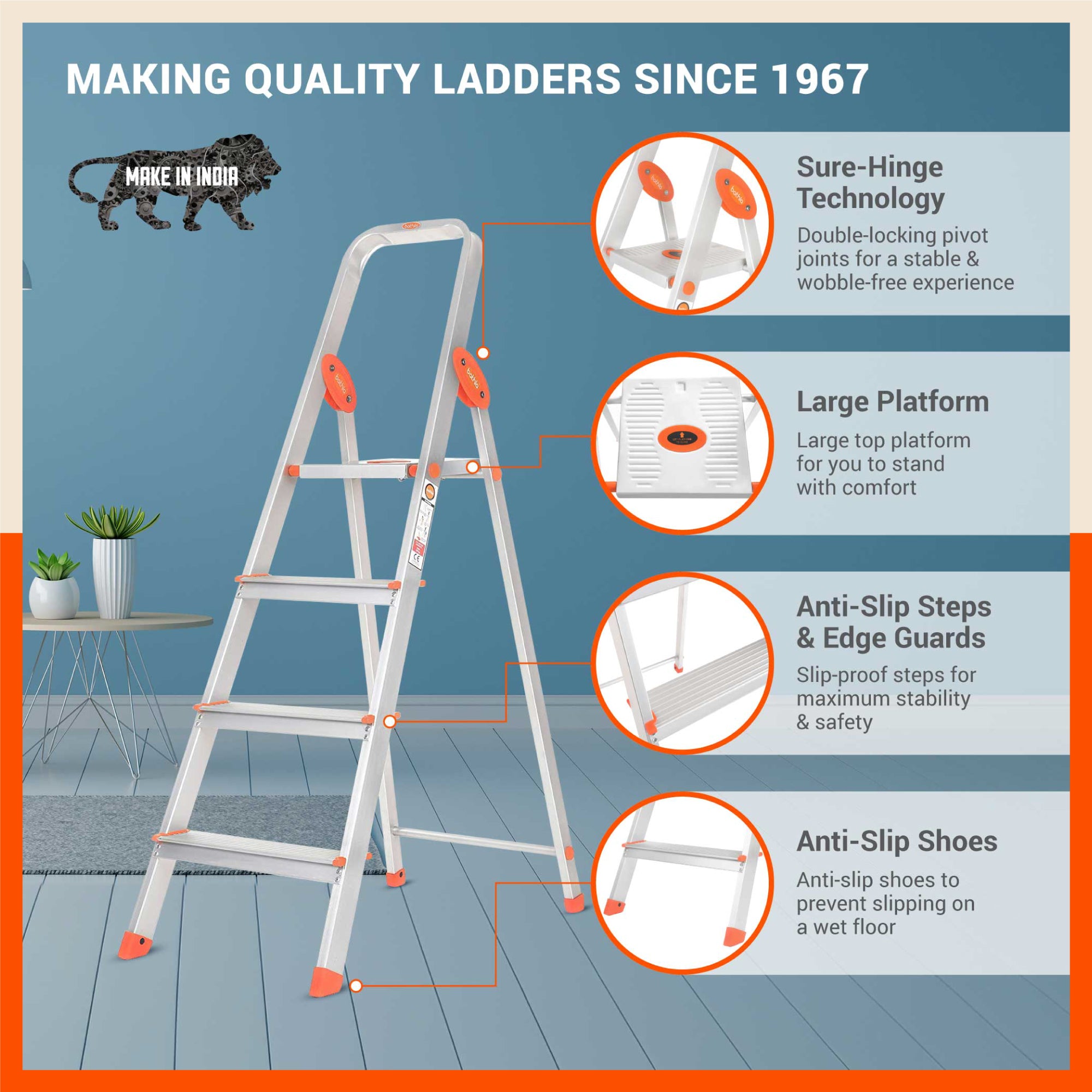 Bathla Advance 4-Step Foldable Aluminium Ladder For Home (Orange)