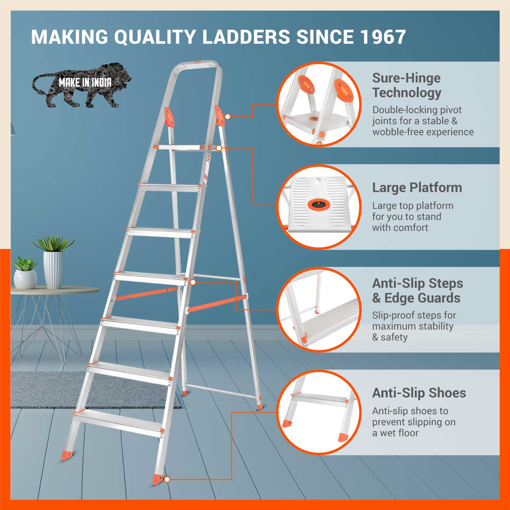 Bathla Advance 7-Step Foldable Aluminium Ladder For Home (Orange)