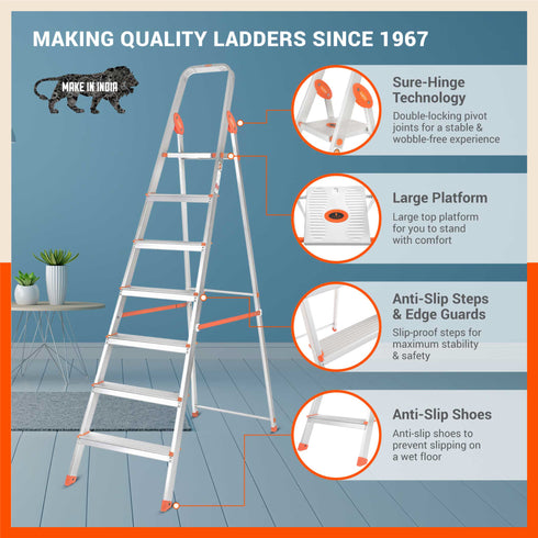 Bathla Advance 7-Step Foldable Aluminium Ladder For Home (Orange)