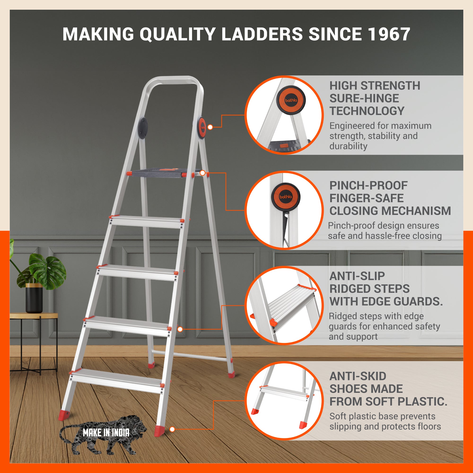 Bathla Advance Pro 5-Step Foldable Aluminium Ladder with Anti-Skid Steps and 7-Year Warranty