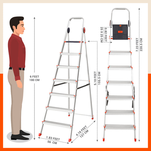 Bathla Advance Pro 7-Step Foldable Aluminium Ladder for Home | Heavy Duty & Anti-Slip Steps | 7 Year Manufacturer Warranty