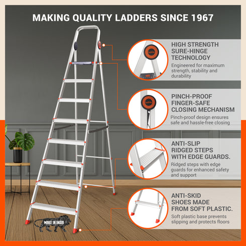 Bathla Advance Pro 8-Step Foldable Aluminium Ladder for Home | Heavy Duty & Anti-Slip Steps | 7 Year Manufacturer Warranty