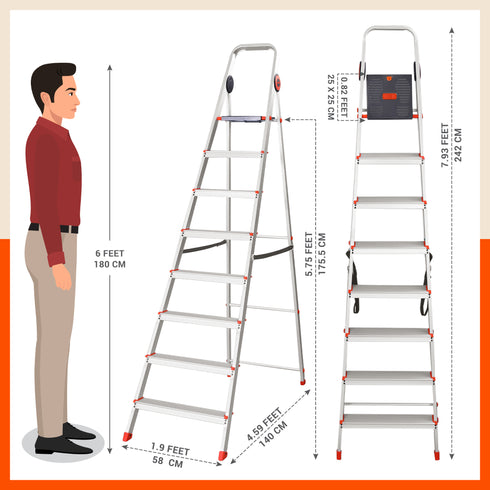 Bathla Advance Pro 8-Step Foldable Aluminium Ladder for Home | Heavy Duty & Anti-Slip Steps | 7 Year Manufacturer Warranty