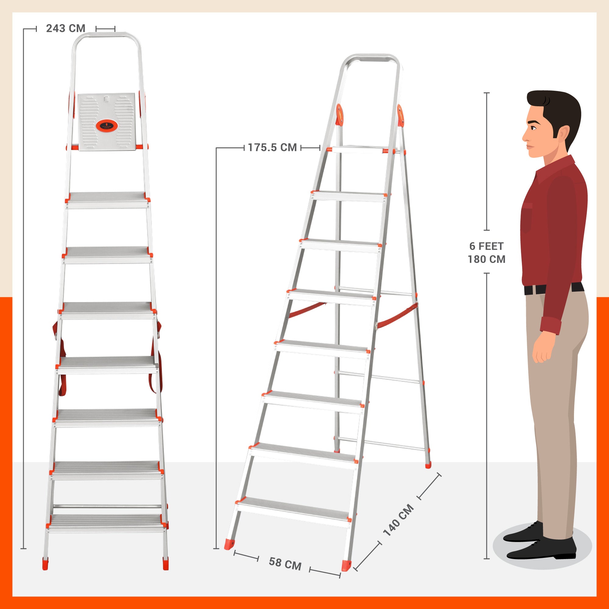 Bathla Advance 8-Step Foldable Aluminium Ladder For Home (Orange)