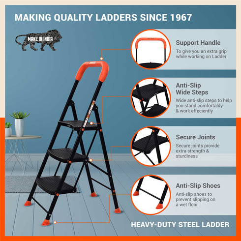 Bathla Ascend 3 Step Heavy Duty Steel Ladder for Home - Orange & Black