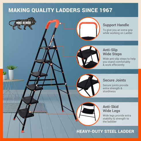 Bathla Ascend 6 Step Heavy Duty Steel Ladder for Home - Orange & Black
