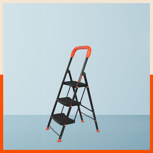 Bathla Ascend 3 Step Heavy Duty Steel Ladder for Home - Orange & Black