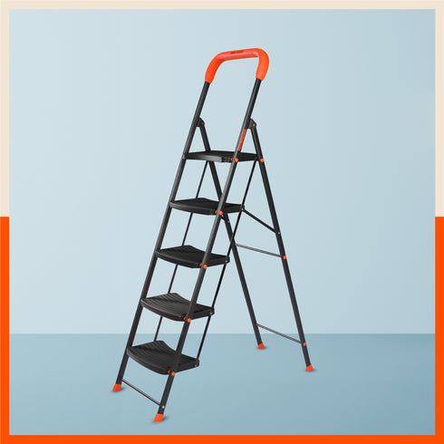 Bathla Ascend 5 Step Heavy Duty Steel Ladder for Home - Orange & Black