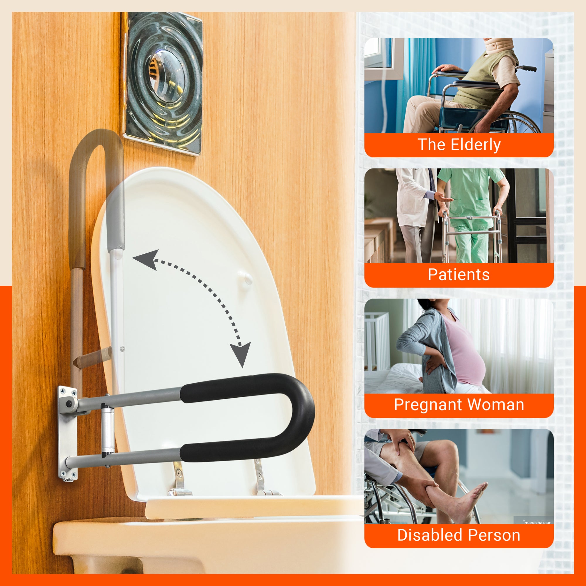Bathla Assist+ Grip Wall Mounted Flip-up Aluminum Grab Bar | Non-Slip Bathroom Safety Handle with Soft Grip | Easy Installation, Rust-Resistant | for The Elderly, Disabled & Pregnant Women