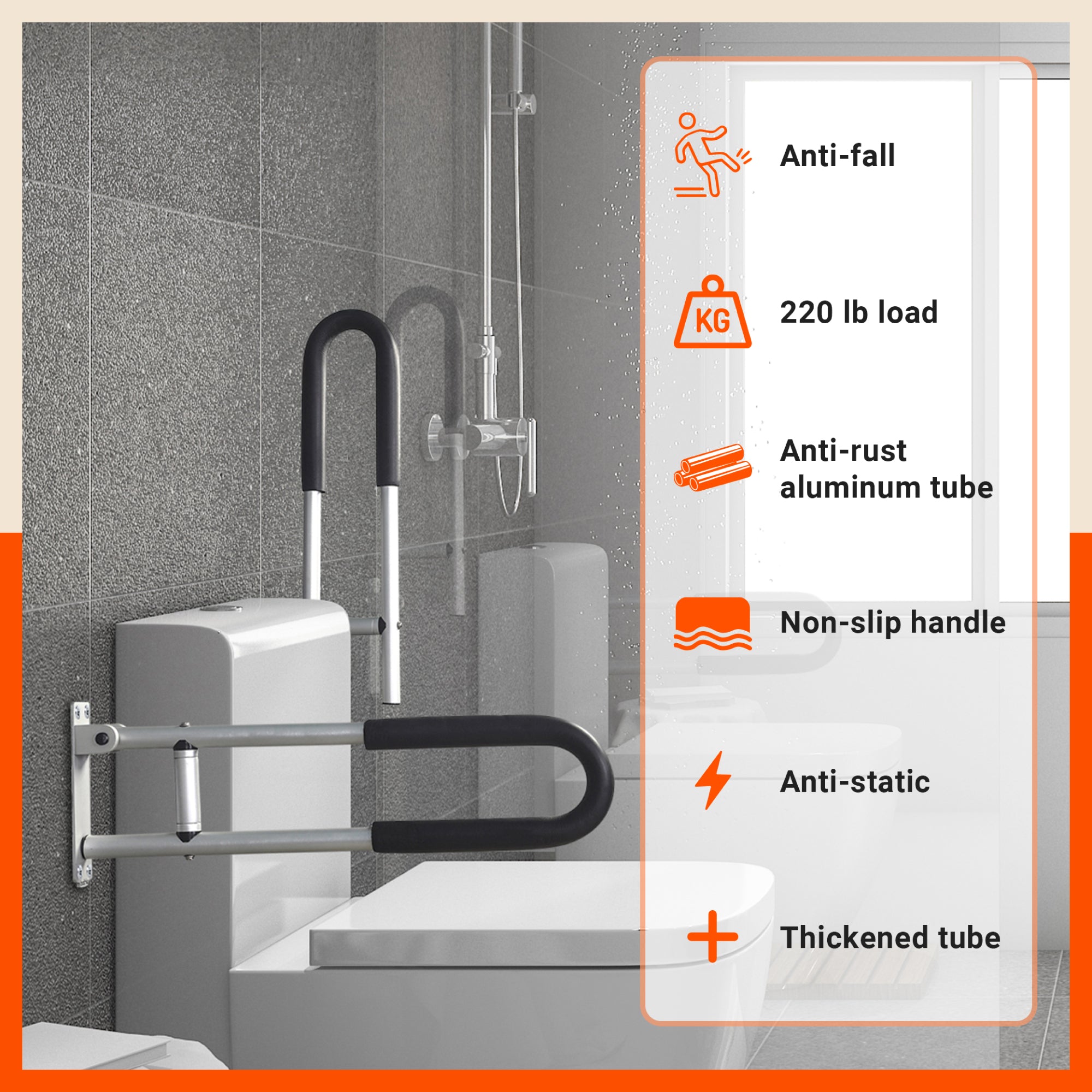 Bathla Assist+ Grip Wall Mounted Flip-up Aluminum Grab Bar | Non-Slip Bathroom Safety Handle with Soft Grip | Easy Installation, Rust-Resistant | for The Elderly, Disabled & Pregnant Women