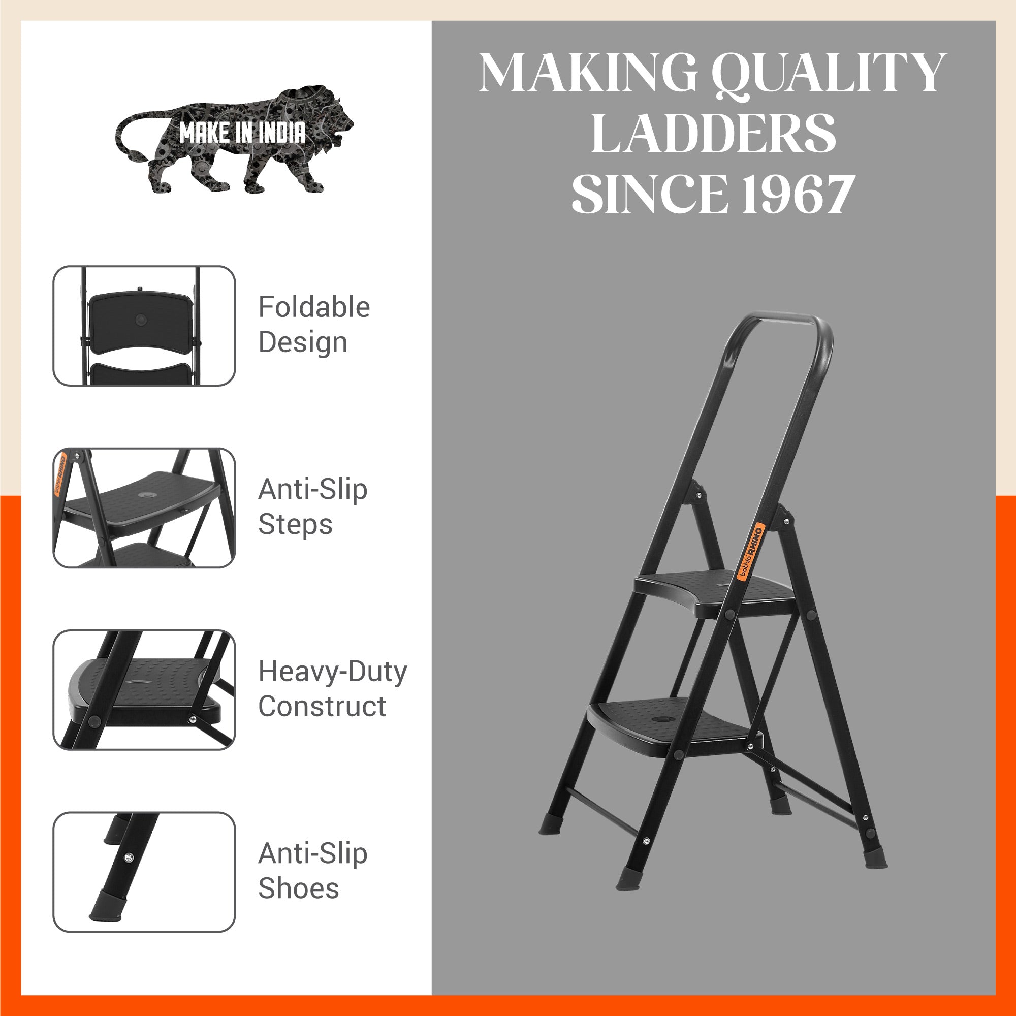 Bathla Boost Rhino 2 - Step Foldable Steel Ladder For Home (Black + Black)