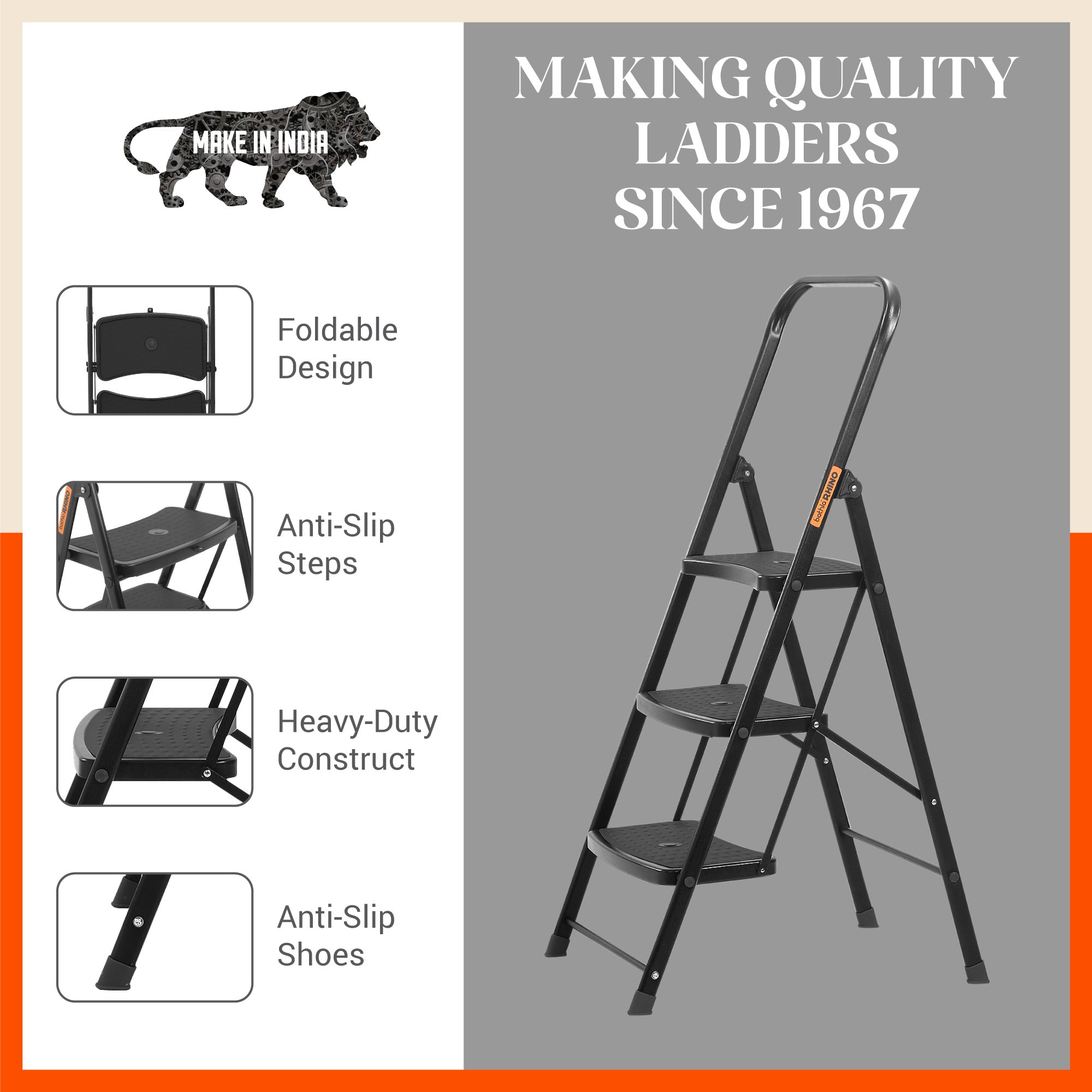 Bathla Boost Rhino 3 - Step Foldable Steel Ladder For Home (Black + Black)