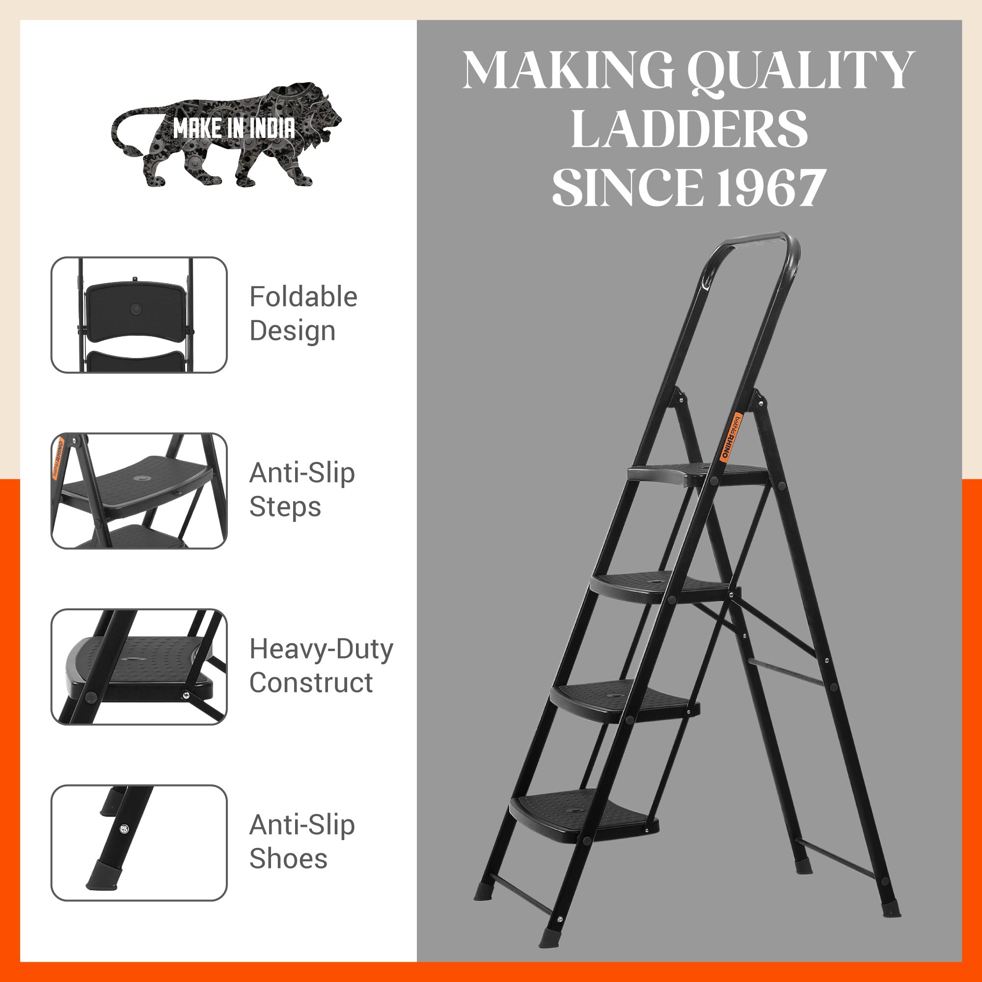 Bathla Boost Rhino 4 -Step Foldable Steel Ladder For Home (Black + Black)