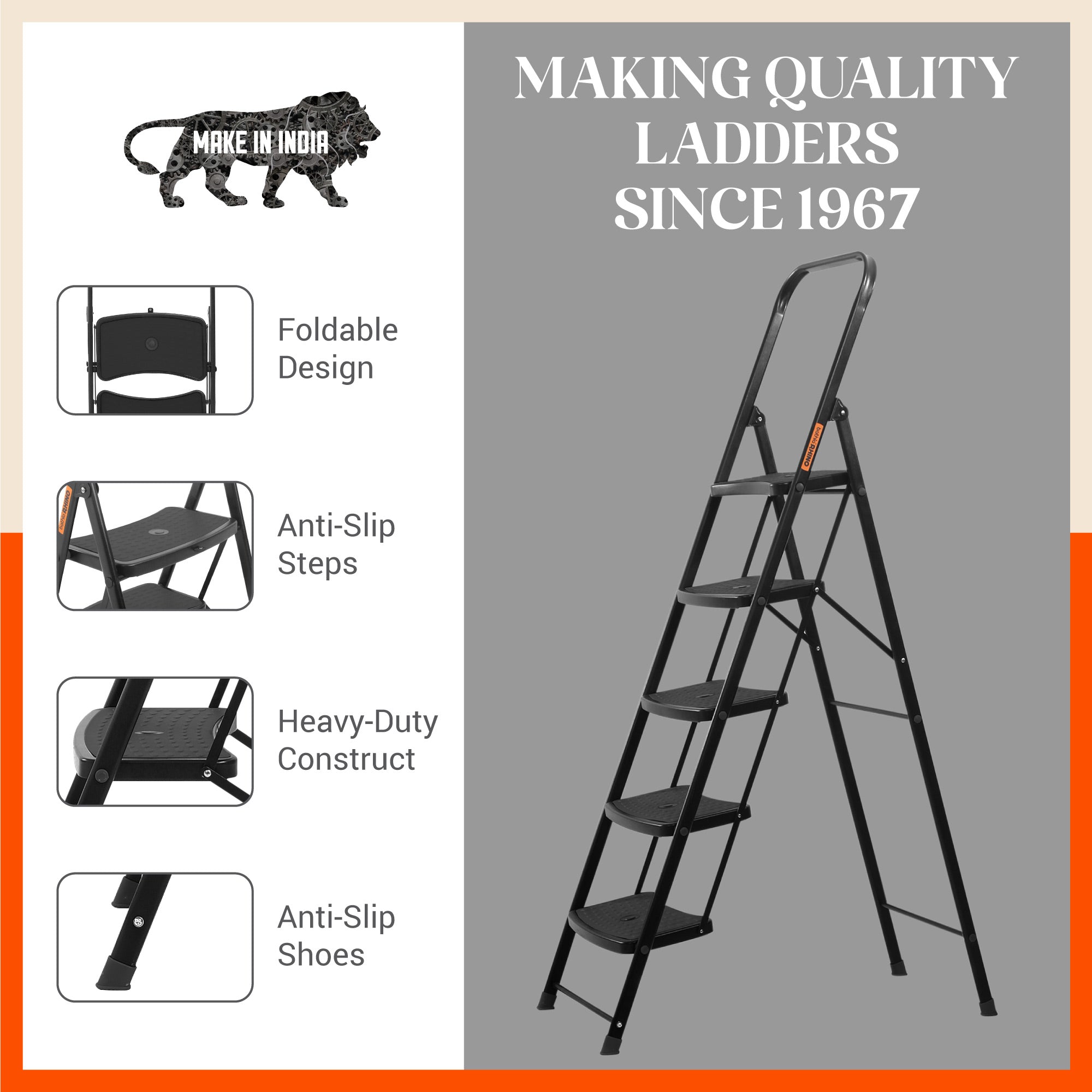 Bathla Boost Rhino 5 - Step Foldable Steel Ladder For Home (Black + Black)