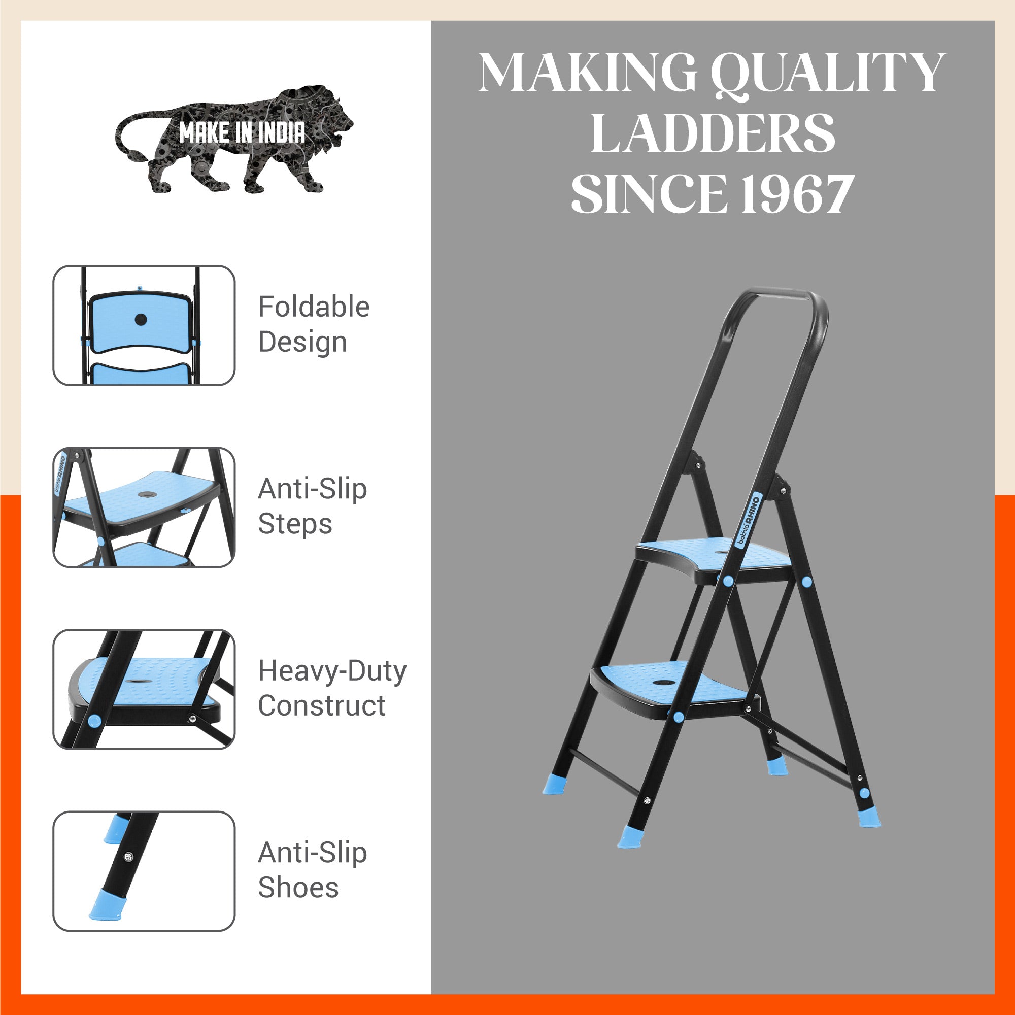 Bathla Boost Rhino 2-Step Foldable Steel Ladder for Home (Black + Blue)