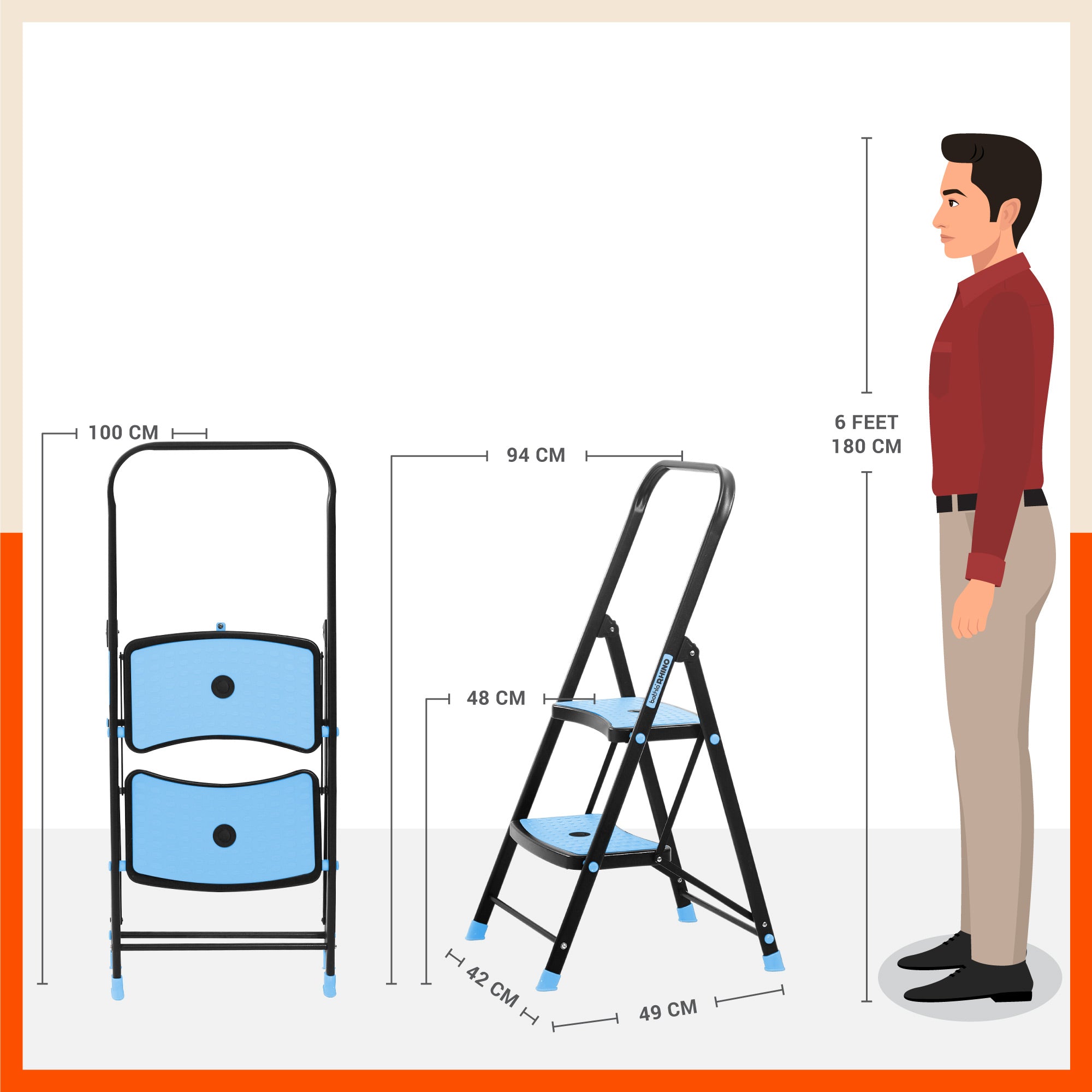 Bathla Boost Rhino 2-Step Foldable Steel Ladder for Home (Black + Blue)