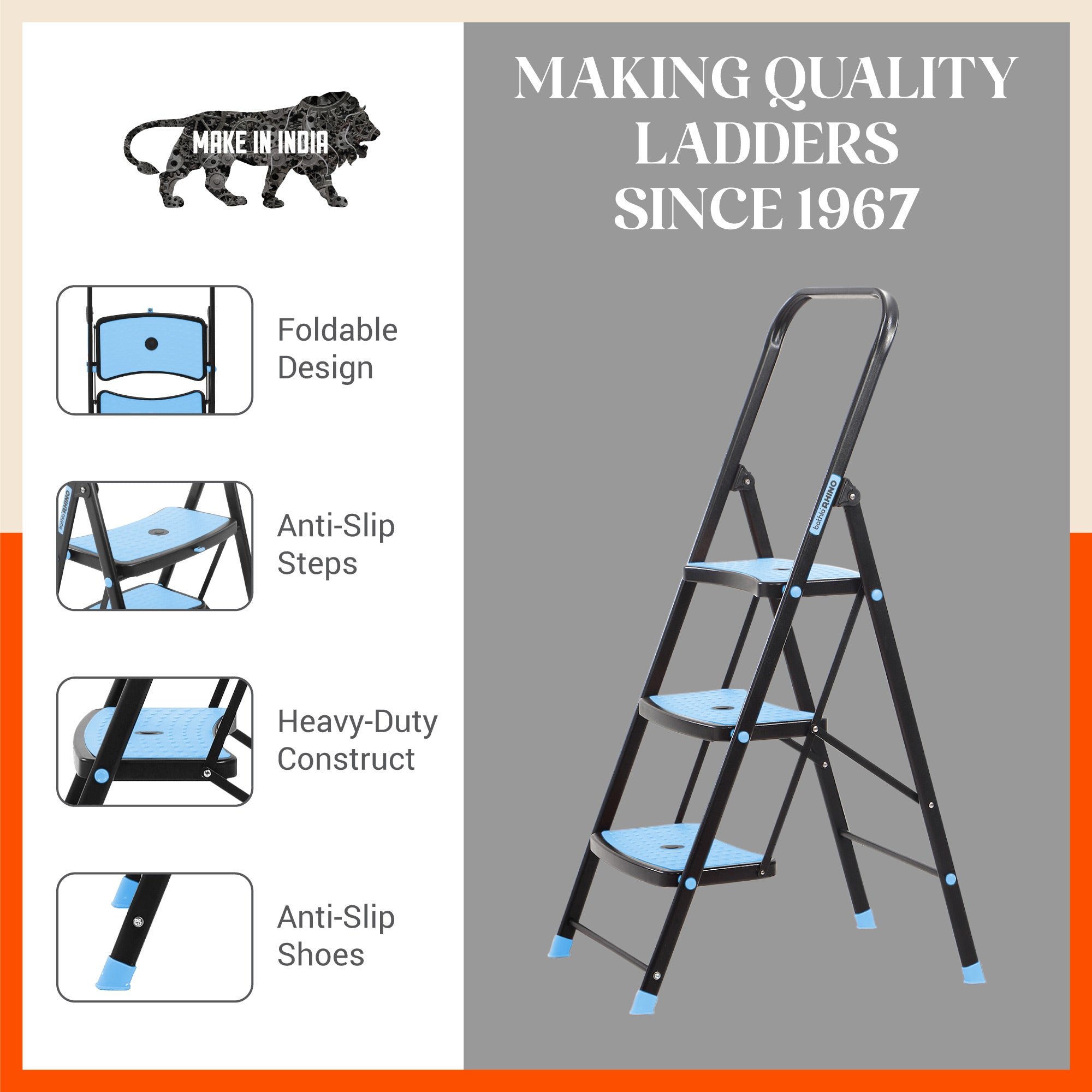 Bathla Boost Rhino 3 - Step Foldable Steel Ladder For Home (Black + Blue)
