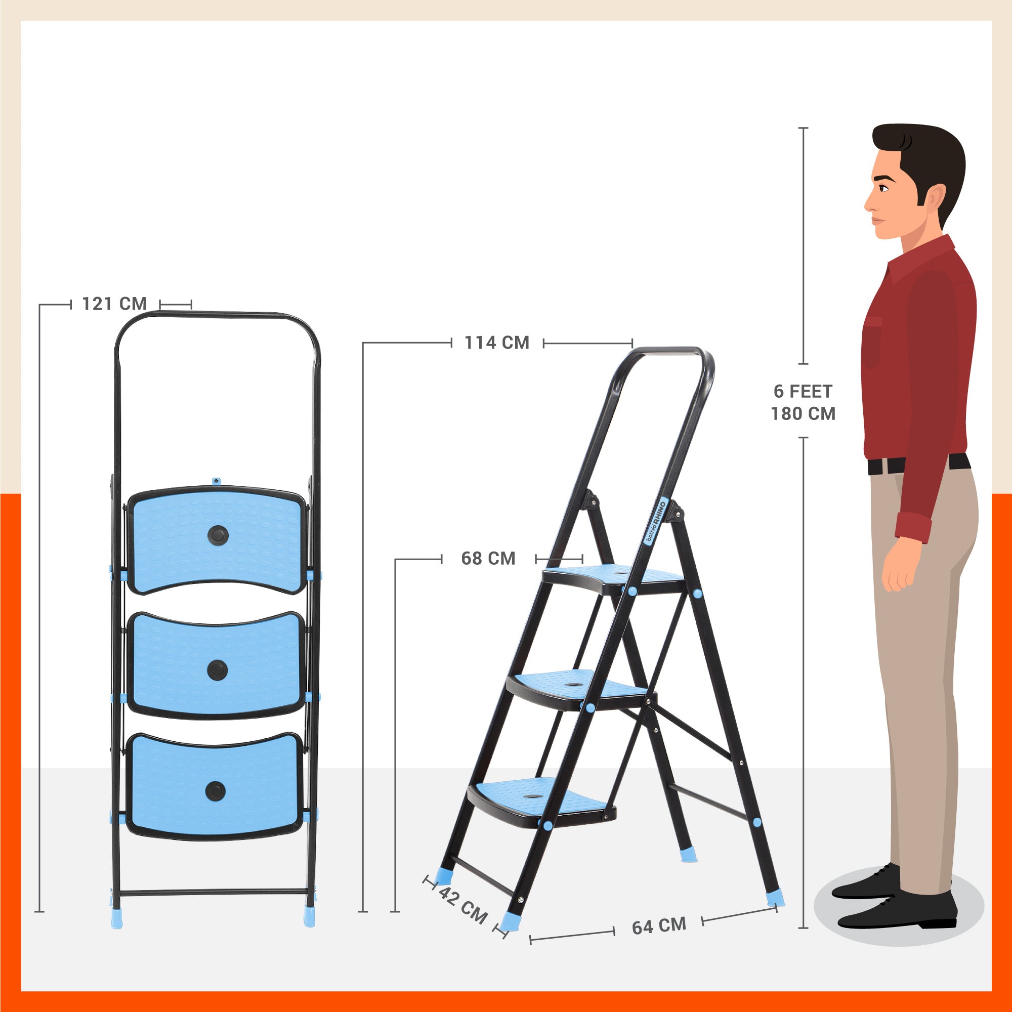 Bathla Boost Rhino 3 - Step Foldable Steel Ladder For Home (Black + Blue)