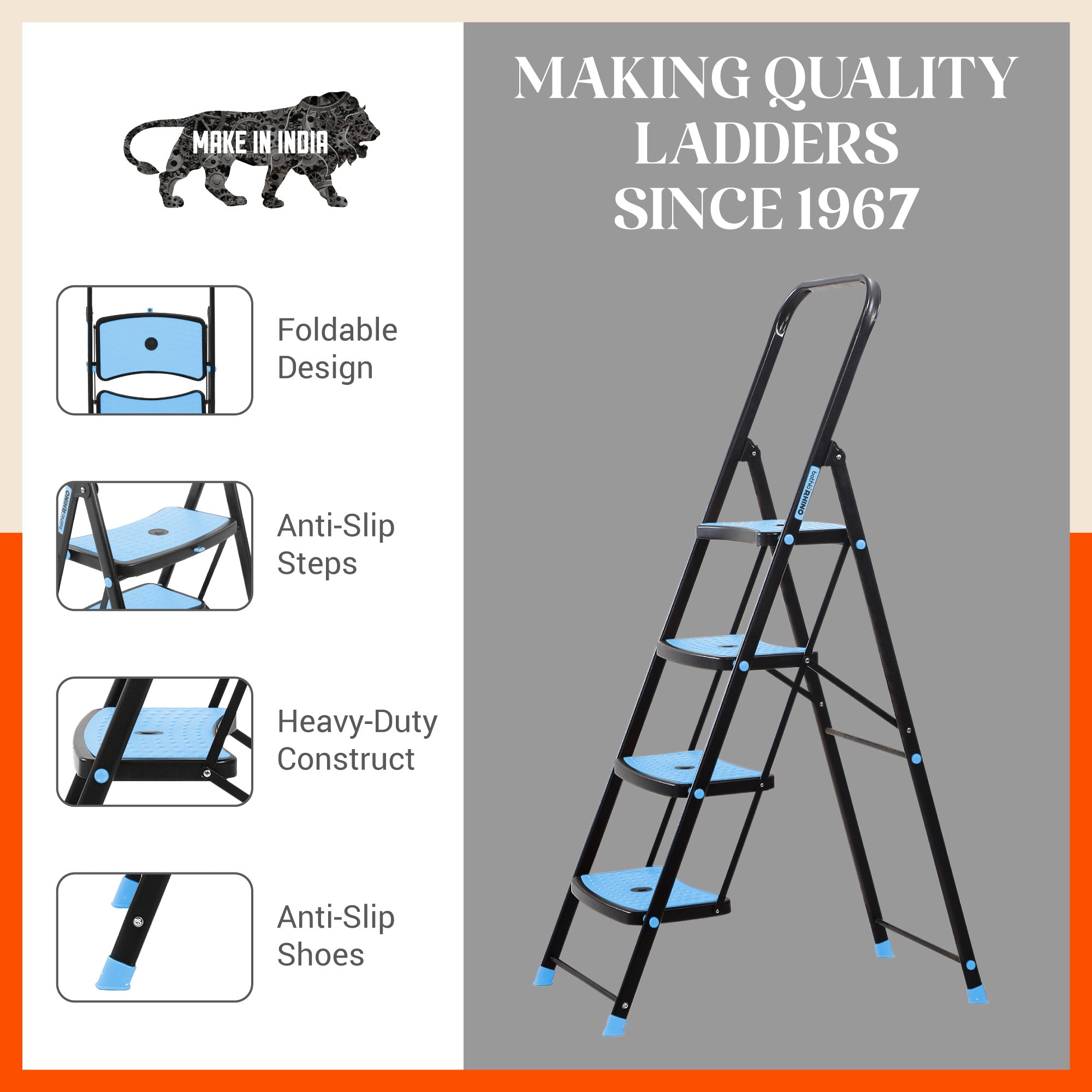 Bathla Boost Rhino 4 - Step Foldable Steel Ladder For Home (Black + Blue)