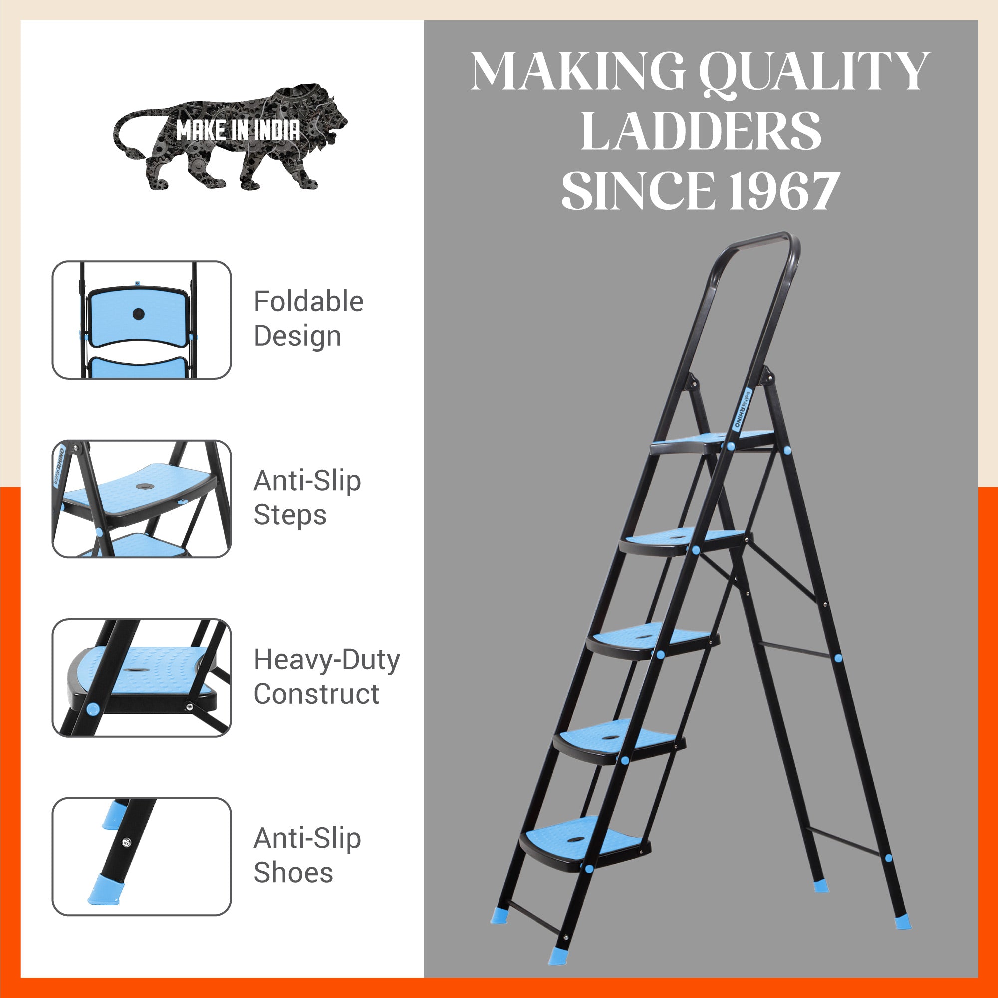 Bathla Boost Rhino 5 - Step Foldable Steel Ladder For Home (Black + Blue)