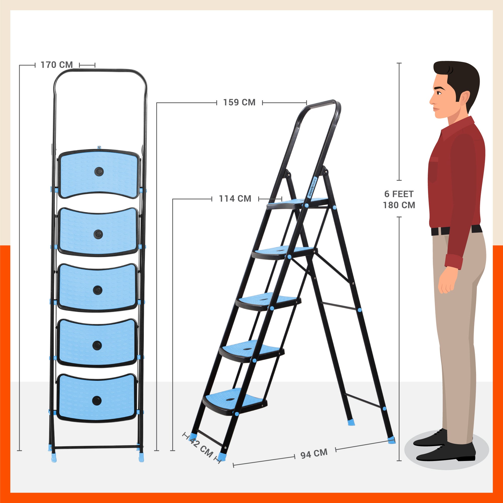 Bathla Boost Rhino 5 - Step Foldable Steel Ladder For Home (Black + Blue)